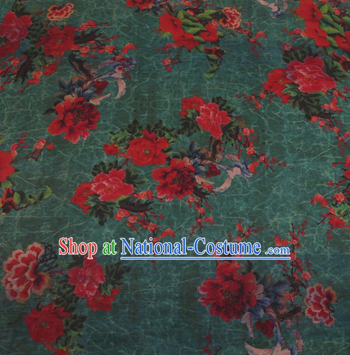 Chinese Classical Green Satin Plain Traditional Peony Pattern Cheongsam Drapery Silk Fabric Gambiered Guangdong Gauze