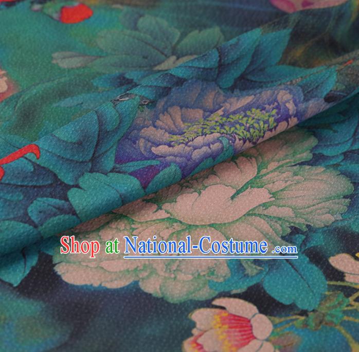 Chinese Traditional Cheongsam Drapery Green Silk Fabric Palace Lotus Peony Pattern Satin Plain Gambiered Guangdong Gauze