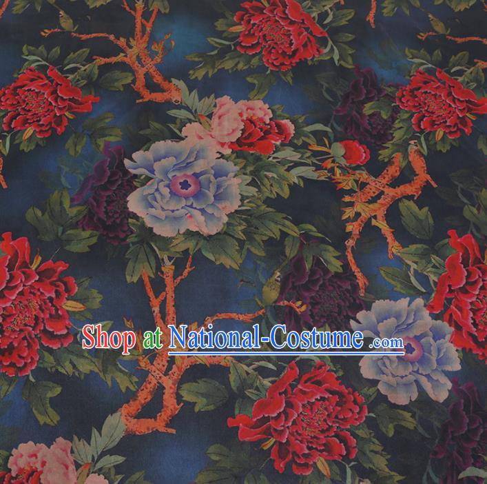 Chinese Classical Blue Satin Plain Traditional Peony Flowers Pattern Cheongsam Drapery Silk Fabric Gambiered Guangdong Gauze