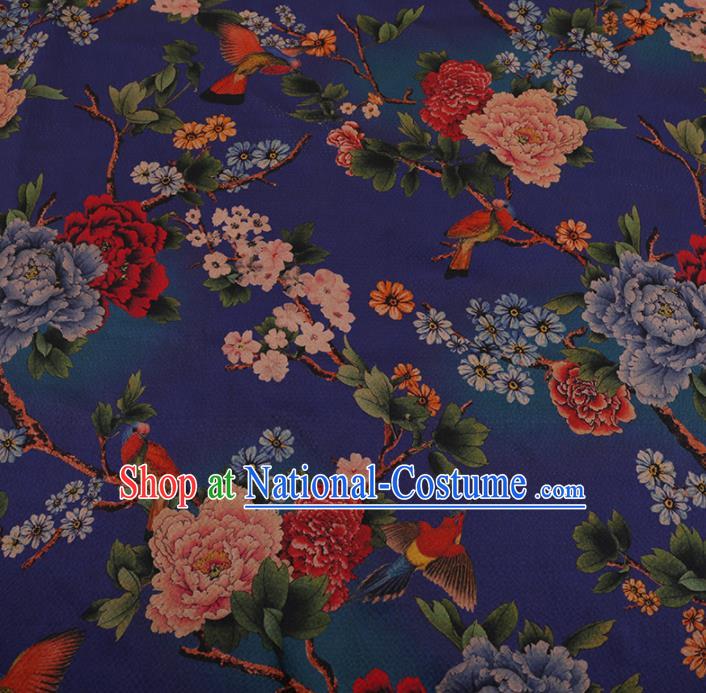 Chinese Traditional Cheongsam Drapery Blue Silk Fabric Palace Peony Pattern Satin Plain Gambiered Guangdong Gauze