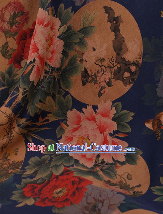 Chinese Traditional Cheongsam Drapery Blue Silk Fabric Palace Peony Pattern Satin Plain Gambiered Guangdong Gauze