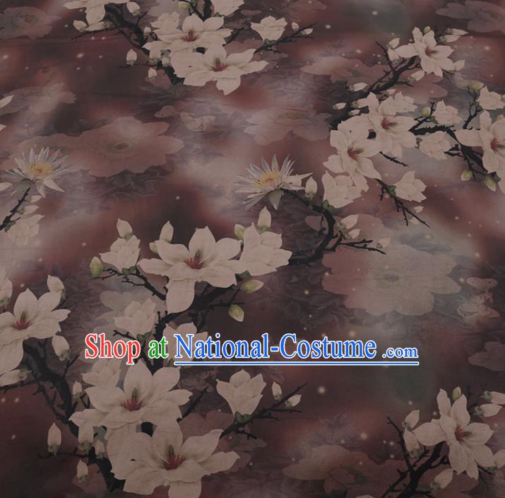 Chinese Classical Purple Silk Fabric Traditional Magnolia Pattern Satin Plain Cheongsam Drapery Gambiered Guangdong Gauze