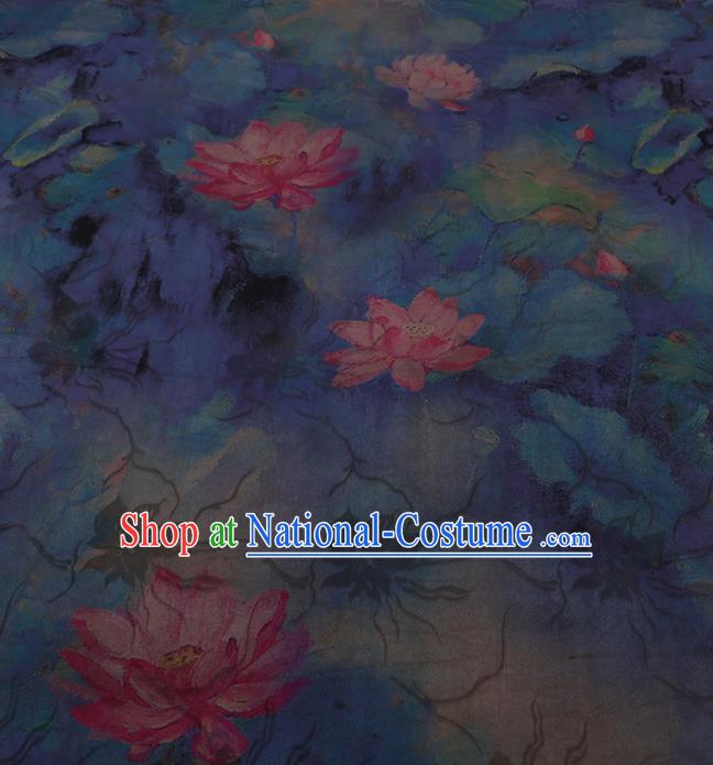 Chinese Classical Blue Silk Fabric Traditional Lotus Pattern Satin Plain Cheongsam Drapery Gambiered Guangdong Gauze