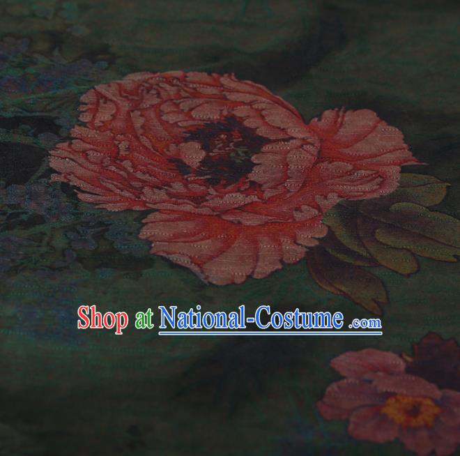 Chinese Traditional Green Silk Fabric Classical Peony Pattern Satin Plain Cheongsam Drapery Gambiered Guangdong Gauze