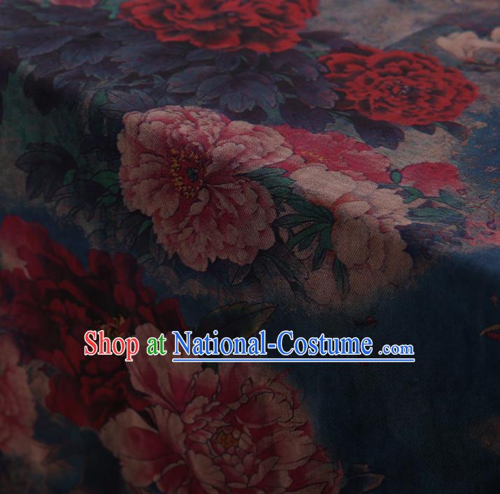 Chinese Traditional Silk Fabric Classical Peony Pattern Blue Satin Plain Cheongsam Drapery Gambiered Guangdong Gauze