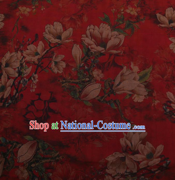 Chinese Traditional Silk Fabric Classical Magnolia Pattern Red Satin Plain Cheongsam Drapery Gambiered Guangdong Gauze