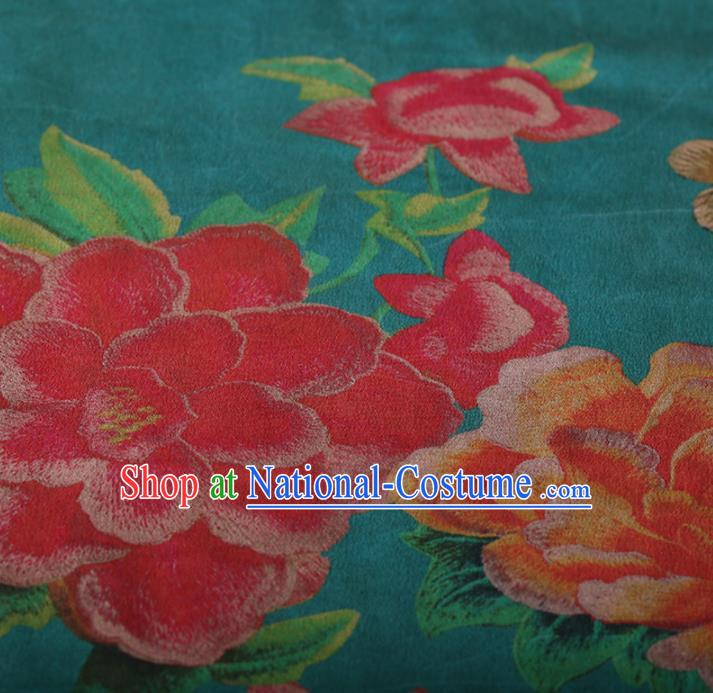 Chinese Traditional Silk Fabric Classical Peony Pattern Green Satin Plain Cheongsam Drapery Gambiered Guangdong Gauze