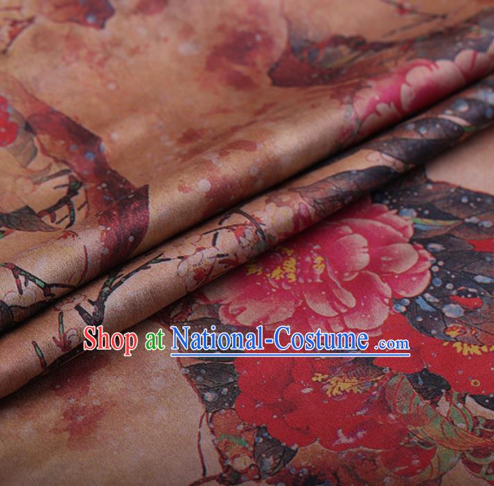 Chinese Traditional Silk Fabric Classical Peony Pattern Khaki Satin Plain Cheongsam Drapery Gambiered Guangdong Gauze