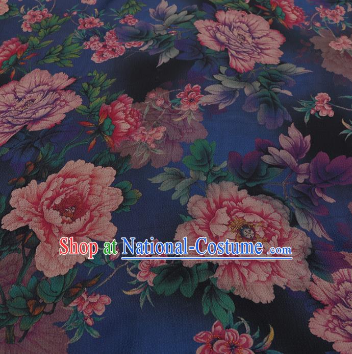 Chinese Classical Blue Silk Fabric Traditional Peony Pattern Satin Plain Cheongsam Drapery Gambiered Guangdong Gauze