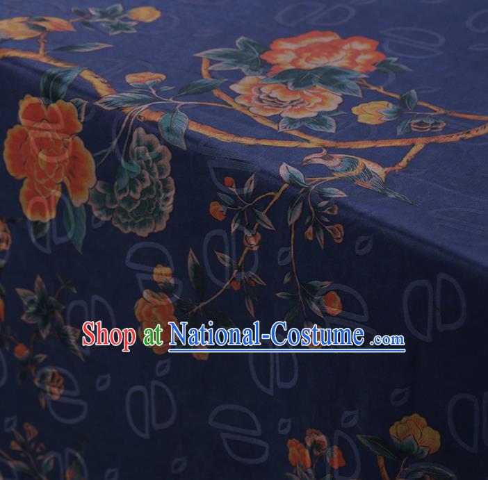 Chinese Classical Silk Fabric Traditional Peony Pattern Blue Satin Plain Cheongsam Drapery Gambiered Guangdong Gauze