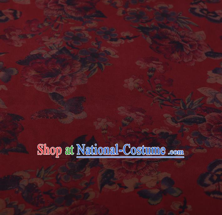 Chinese Classical Silk Fabric Traditional Peony Butterfly Pattern Red Satin Plain Cheongsam Drapery Gambiered Guangdong Gauze