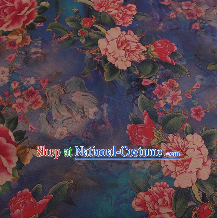 Chinese Classical Blue Silk Fabric Traditional Peony Pattern Satin Plain Cheongsam Drapery Gambiered Guangdong Gauze