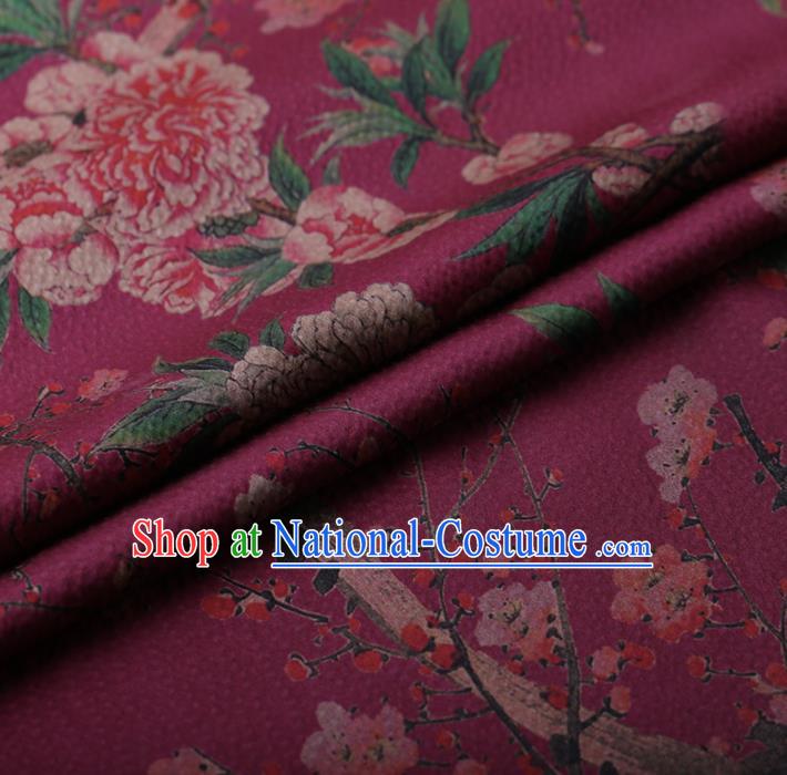 Chinese Traditional Silk Fabric Classical Peony Plum Blossom Pattern Purple Satin Plain Cheongsam Drapery Gambiered Guangdong Gauze