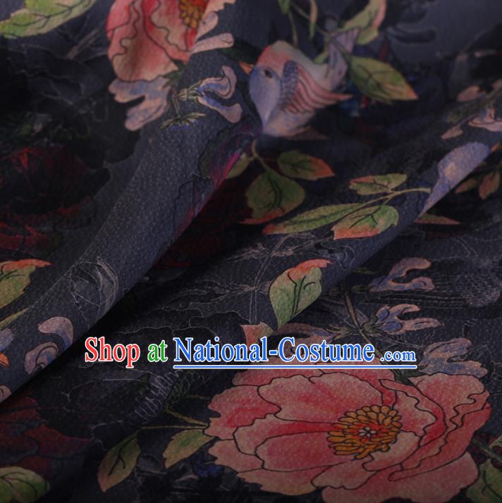 Chinese Traditional Silk Fabric Classical Peony Pattern Navy Satin Plain Cheongsam Drapery Gambiered Guangdong Gauze