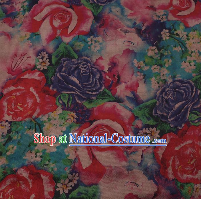 Chinese Traditional Silk Fabric Classical Roses Pattern Satin Plain Cheongsam Drapery Gambiered Guangdong Gauze