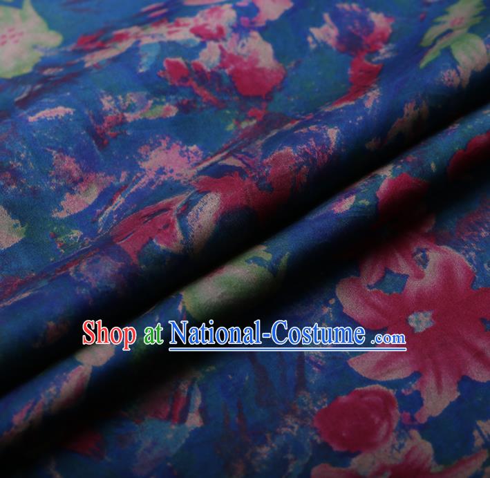 Asian Chinese Silk Fabric Traditional Classical Lily Flowers Pattern Blue Satin Plain Cheongsam Drapery Gambiered Guangdong Gauze