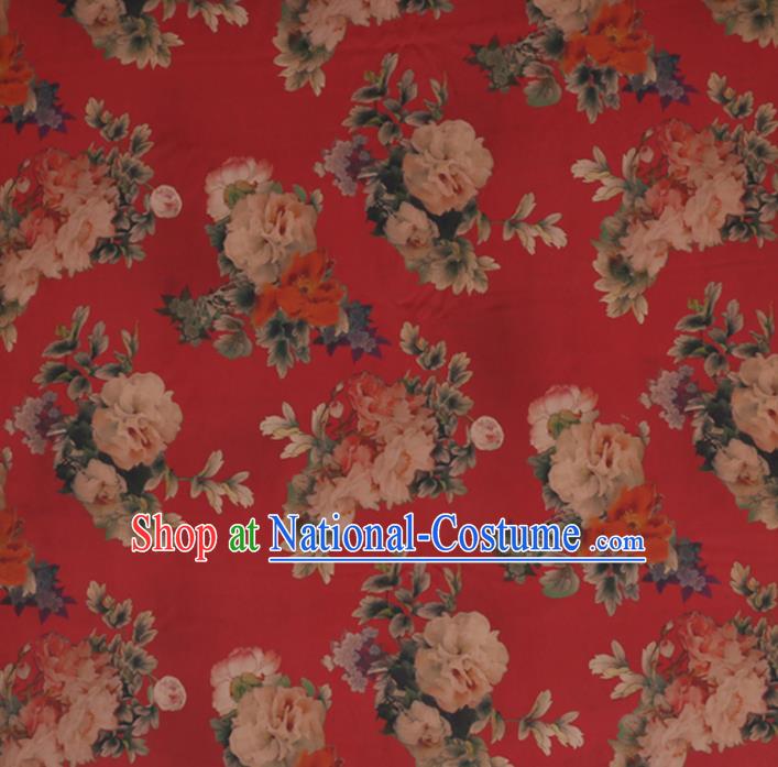 Chinese Traditional Silk Fabric Classical Peony Pattern Red Satin Plain Cheongsam Drapery Gambiered Guangdong Gauze