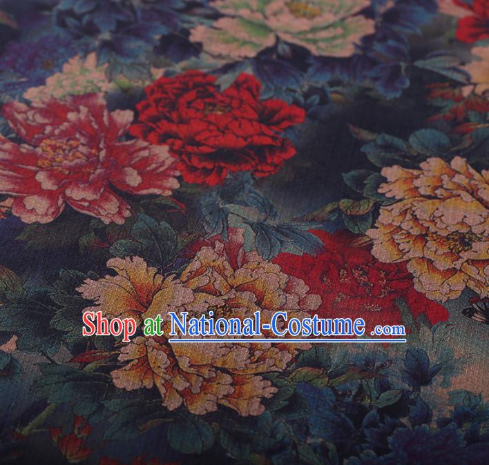 Chinese Traditional Silk Fabric Classical Peony Pattern Blue Satin Plain Cheongsam Drapery Gambiered Guangdong Gauze