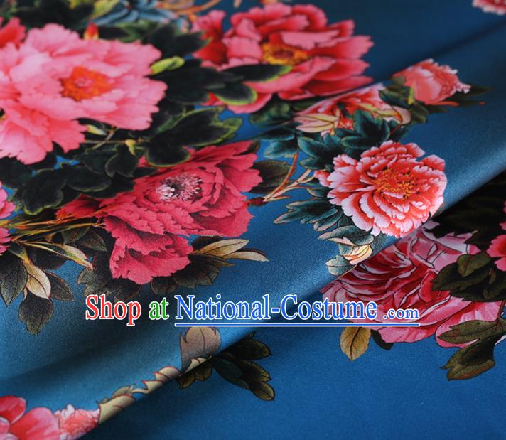 Chinese Traditional Silk Fabric Classical Peony Pattern Lake Blue Satin Plain Cheongsam Drapery Gambiered Guangdong Gauze