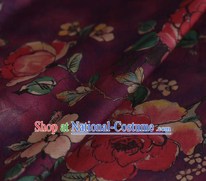 Asian Chinese Silk Fabric Traditional Classical Roses Pattern Purple Satin Plain Cheongsam Drapery Gambiered Guangdong Gauze