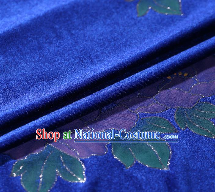 Asian Chinese Blue Velvet Fabric Traditional Classical Peony Pattern Cheongsam Pleuche Drapery Gambiered Guangdong Gauze