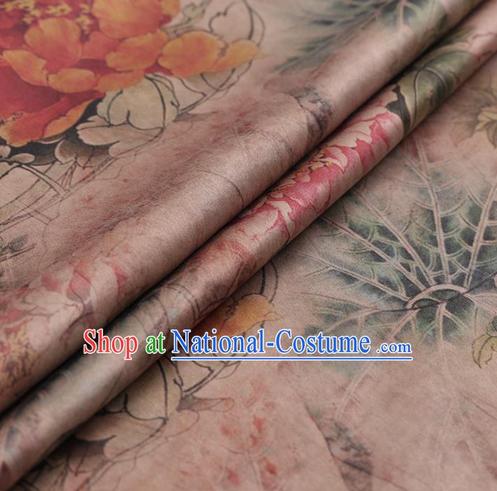 Asian Chinese Gambiered Guangdong Gauze Traditional Pink Satin Plain Classical Peony Pattern Cheongsam Silk Drapery