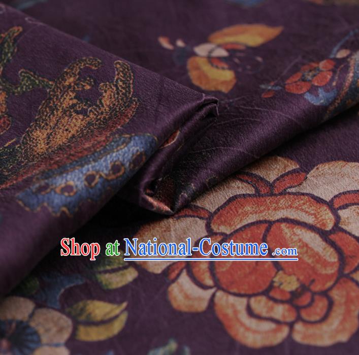 Asian Chinese Traditional Gambiered Guangdong Gauze Purple Satin Plain Classical Peony Pattern Cheongsam Silk Drapery