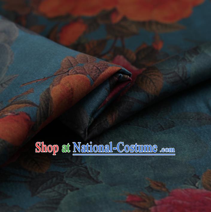 Chinese Traditional Blue Gambiered Guangdong Gauze Satin Plain Classical Peony Pattern Cheongsam Silk Drapery