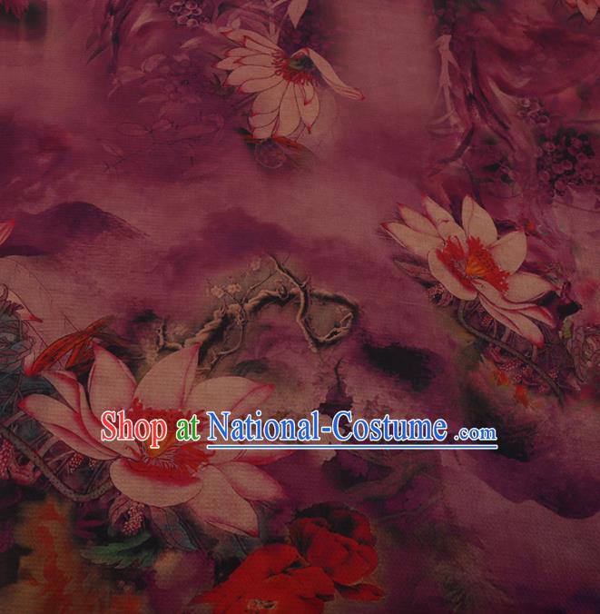 Chinese Traditional Purple Gambiered Guangdong Gauze Satin Plain Classical Lotus Pattern Cheongsam Silk Drapery