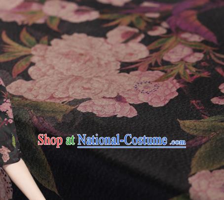 Chinese Traditional Black Gambiered Guangdong Gauze Satin Plain Classical Peony Pattern Cheongsam Silk Drapery