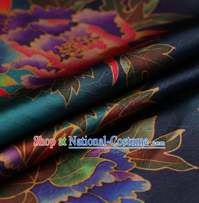 Traditional Chinese Blue Gambiered Guangdong Gauze Satin Plain Classical Peony Pattern Cheongsam Silk Drapery