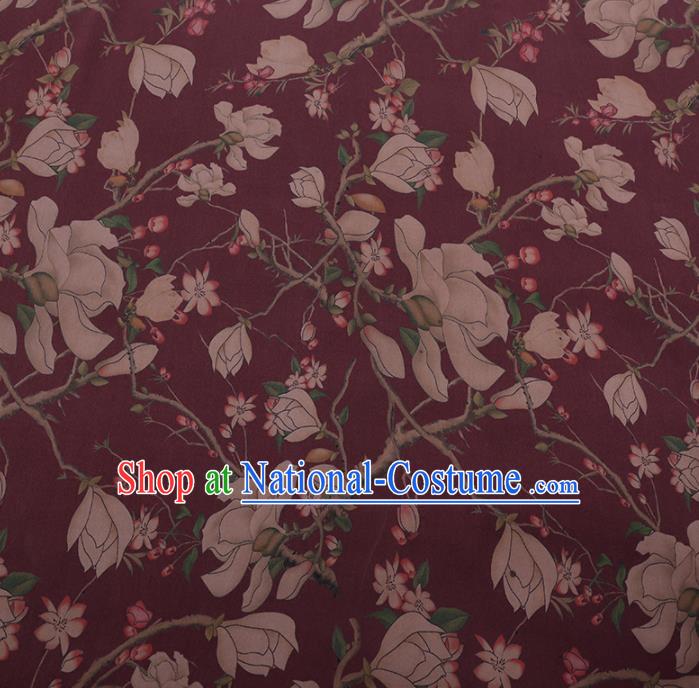 Traditional Chinese Purple Gambiered Guangdong Gauze Satin Plain Classical Yulan Magnolia Pattern Cheongsam Silk Drapery