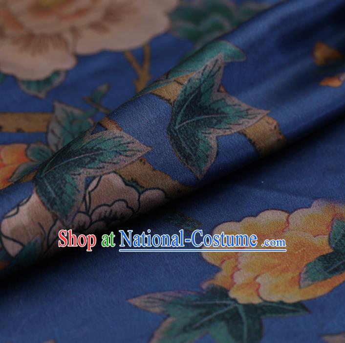 Traditional Chinese Blue Gambiered Guangdong Gauze Satin Plain Classical Peony Pattern Cheongsam Silk Drapery