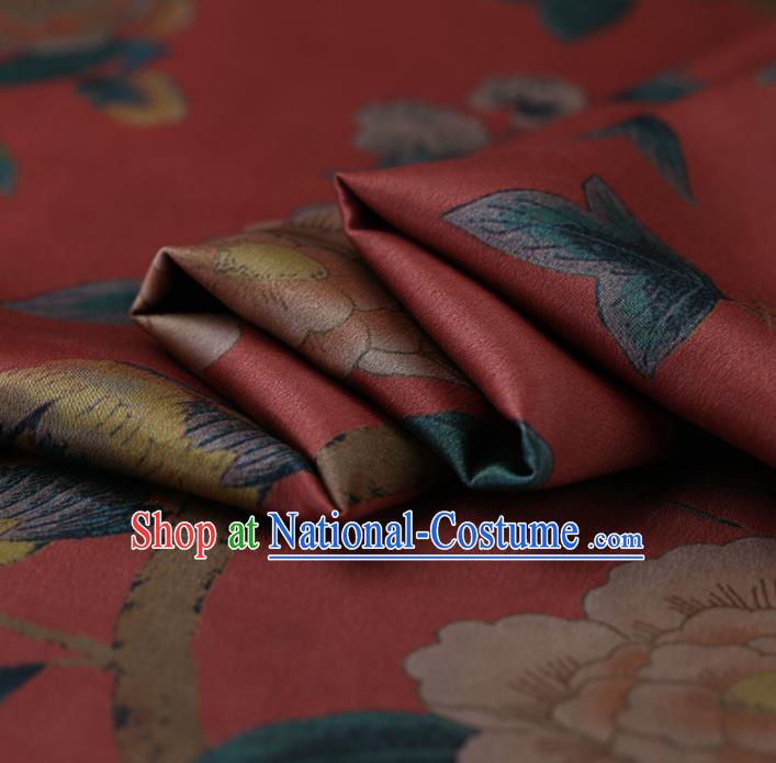 Traditional Chinese Red Gambiered Guangdong Gauze Satin Plain Classical Peony Pattern Cheongsam Silk Drapery