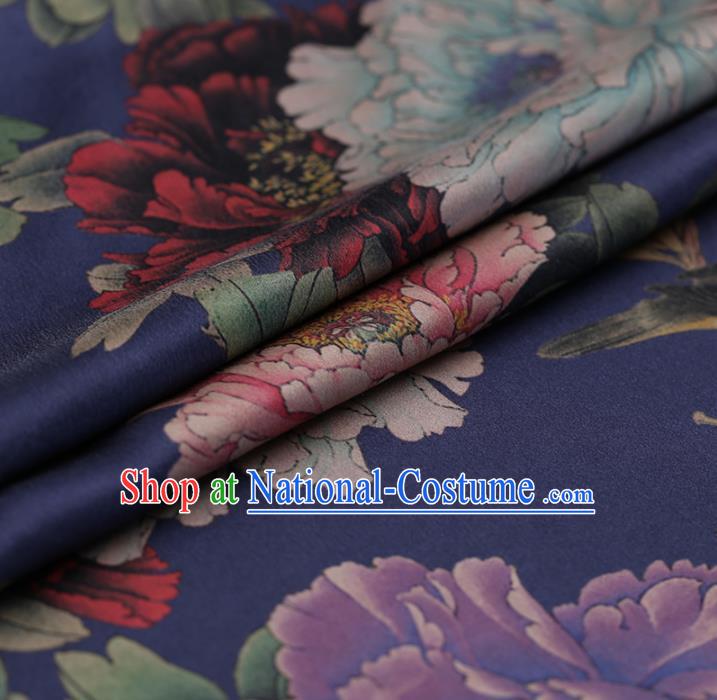 Traditional Chinese Blue Brocade Gambiered Guangdong Gauze Classical Peony Pattern Satin Plain Cheongsam Silk Drapery