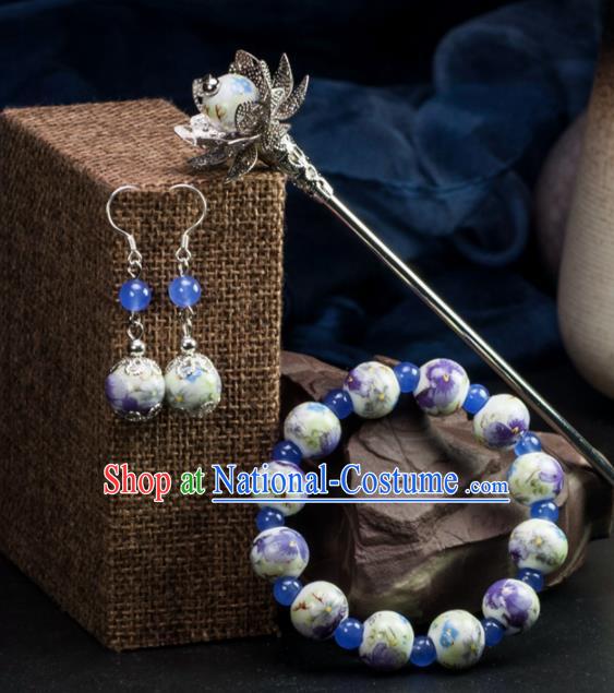 Chinese Traditional Hanfu Hair Accessories Ancient Ceramics Beads Hairpins and Bracelet Earrings for Women