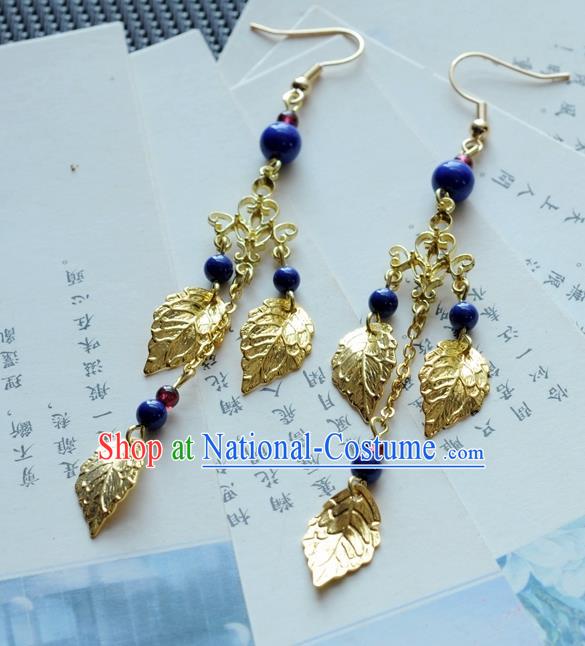 Chinese Traditional Jewelry Accessories Ancient Hanfu Golden Leaf Tassel Earrings for Women