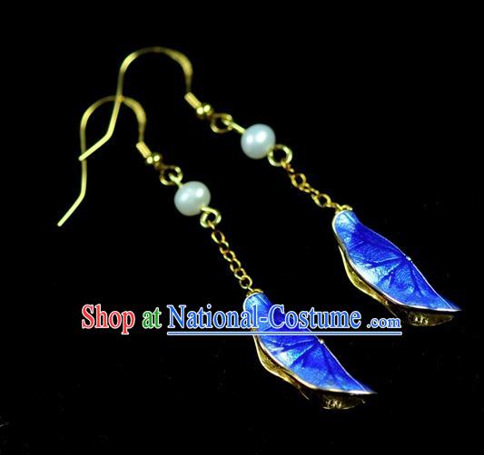 Chinese Traditional Jewelry Accessories Ancient Hanfu Blueing Lotus Leaf Earrings for Women