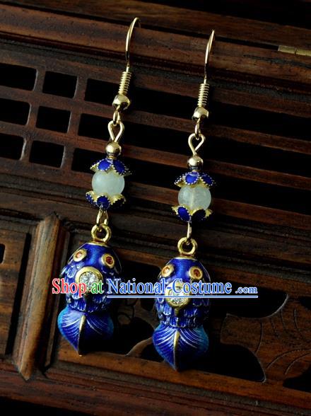 Chinese Traditional Jewelry Accessories Ancient Hanfu Blueing Carp Earrings for Women