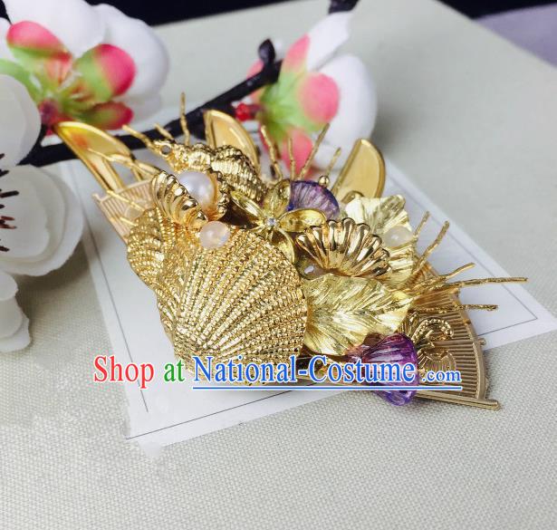 Chinese Classical Hairpins Traditional Ancient Golden Shell Hair Claw for Women