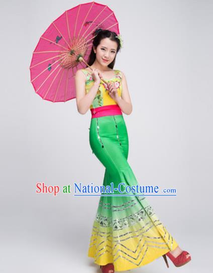 Chinese Traditional Dai Ethnic Costumes Folk Dance Peacock Dance Green Dress for Women