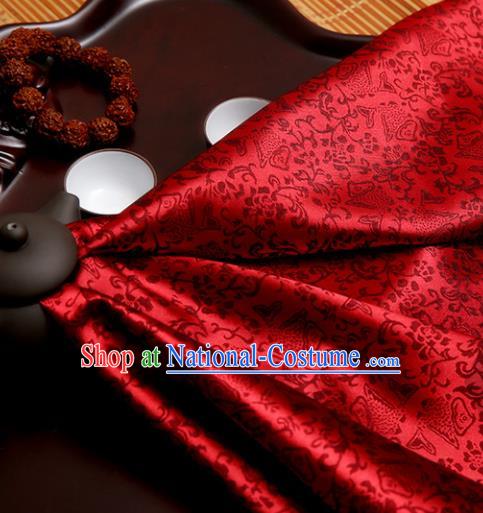 Chinese Traditional Brocade Classical Fishes Pattern Design Wine Red Silk Fabric Material Satin Drapery