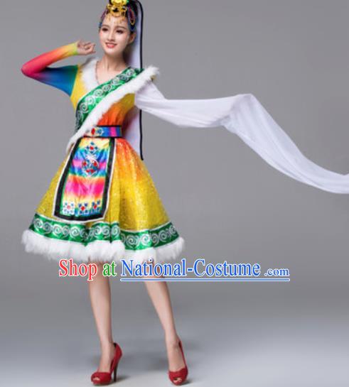 Chinese Traditional Ethnic Costumes Tibetan Minority Nationality Yellow Dress for Women