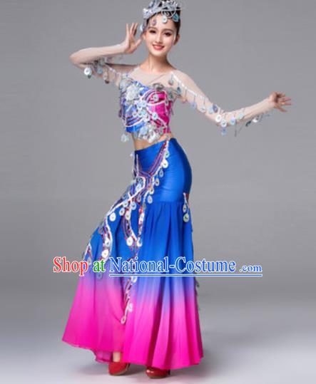 Traditional Chinese Peacock Dance Blue Dress Stage Performance Classical Dance Costumes for Women