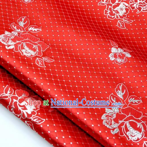 Chinese Traditional Red Brocade Classical Roses Pattern Design Silk Fabric Material Satin Drapery