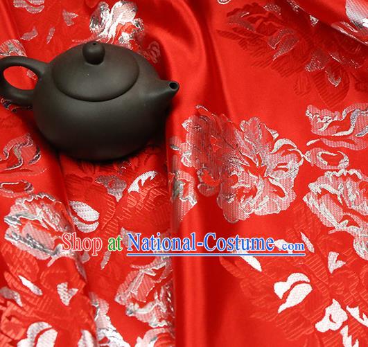 Red Brocade Chinese Traditional Silk Fabric Material Classical Peony Pattern Design Satin Drapery