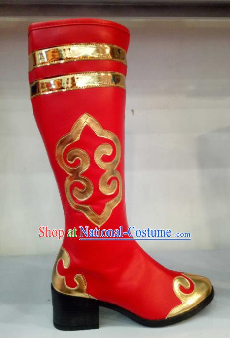 Chinese Traditional Mongol Nationality Shoes Mongolian Folk Dance Ethnic Red Boots for Women