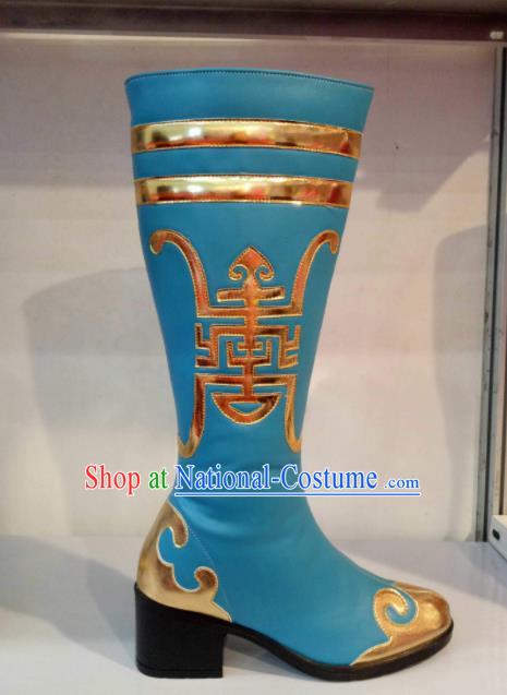 Chinese Traditional Mongol Nationality Shoes Mongolian Folk Dance Ethnic Blue Boots for Women