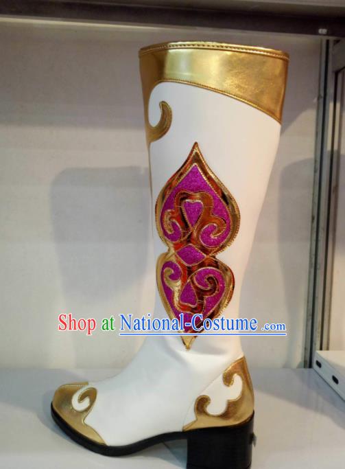 Chinese Traditional Mongolian Shoes Mongol Nationality Folk Dance White Boots for Women