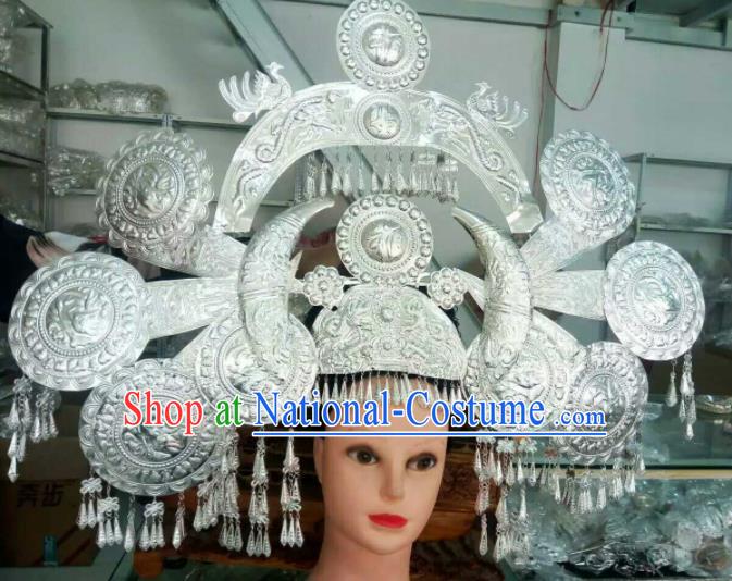 Traditional Chinese Miao Nationality Peacock Phoenix Coronet Hmong Ethnic Sliver Hair Accessories for Women